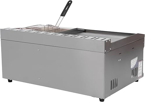 Gas Griddle, 6L/1.59Gal Stainless Steel Griddle & Deep Fryer Combo Gas Deep Fryer Gas Grill Griddle with Oil Draining Basket, Lid & 3 Spice Boxes, Commercial Griddle with Fryer for RV, Camping - Poueer