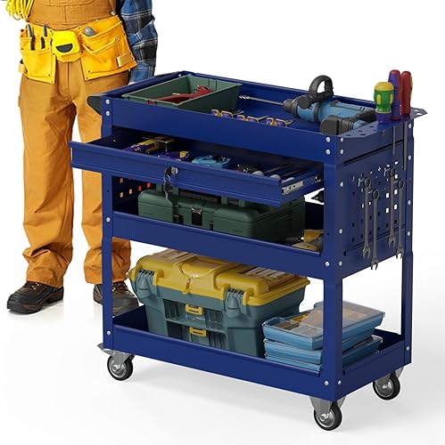 3 Tier Foldable Service Cart with Wheels, Rolling Collapsible Folding Utility Cart for Home, Office, Garage, and Warehouse (Red) - Poueer