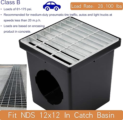 Galvanized Steel Drain Grate with Base, 16x16 Outdoor Drain Cover and Frame, B Class Sewer Grate with Lip, Durable Heavy Duty Channel Grate, Sliver Square Drainage Grate Driveway - Poueer