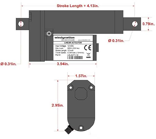 WindyNation 2 Inch 2inches Stroke Linear Actuator 12 Volt 12V 225 Pounds lbs Maximum Lift - Poueer