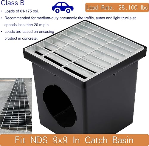 Galvanized Steel Drain Grate with Base, 16x16 Outdoor Drain Cover and Frame, B Class Sewer Grate with Lip, Durable Heavy Duty Channel Grate, Sliver Square Drainage Grate Driveway - Poueer