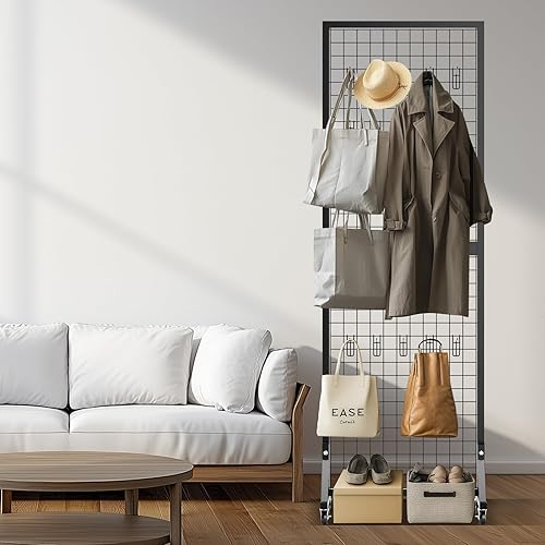 2' x 6' T Base Grid Wall Panels, 2 Pack Gridwall Panel Display Stand with Wheel, Heavy Duty Metal Grid Wall Panel with 50 Hooks, Two-Double Grid Wall Panel Display for Art Craft Display - Poueer