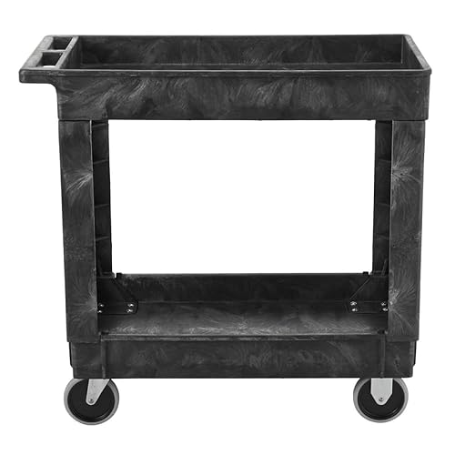 Rubbermaid Commercial Products 2-Shelf Service/Utility Cart with Wheels, 300-Pound Capacity, Black, Lipped Shelves with Handle, Use in School/Restaurant/Warehouse/Manufacturing - Poueer