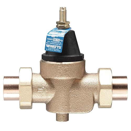Watts LFN45B Series 3/4' Lead-Free Cast Copper Silicon Alloy Water Pressure Reducing Valve, Double Union Solder Inlet and Outlet, Elastomer Disc, Adjustable Pressure 25 to 75 psi, Maximum 400 psi - Poueer