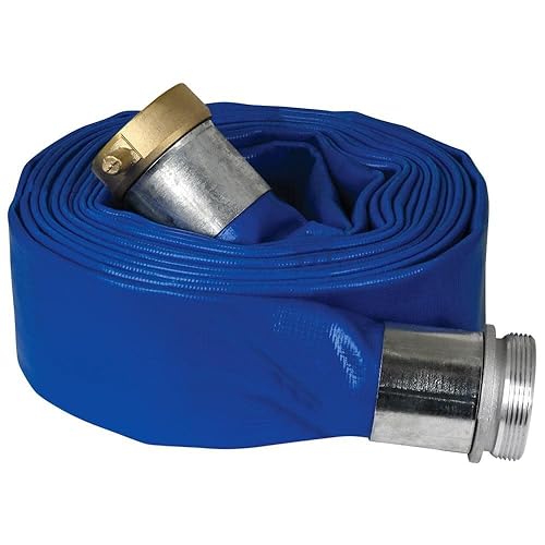 Apache 98138010 1-1/2' x 25' Blue Standard-Duty PVC Lay-Flat Discharge Hose with Aluminum Pin Lug Fittings - Poueer