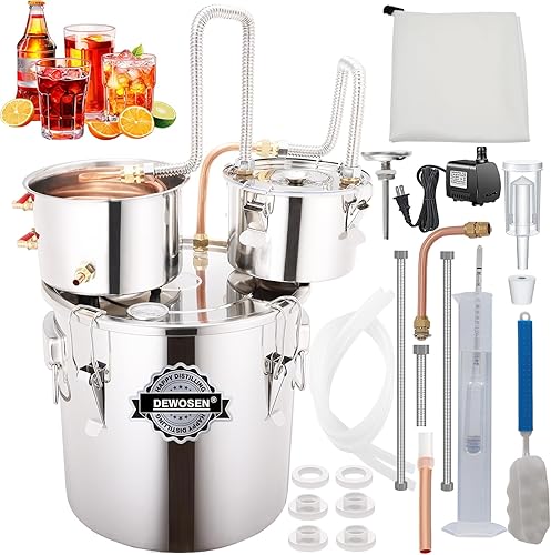 Alcohol Still 8 Gallon 2 Pots Shine Still Distillery Kit for Alcohol Stainless Steel Copper Tube Complete with Water Pump Metal Thermometer Airlock Brew Bag Proof Alcoholmeter Test Kit - Poueer