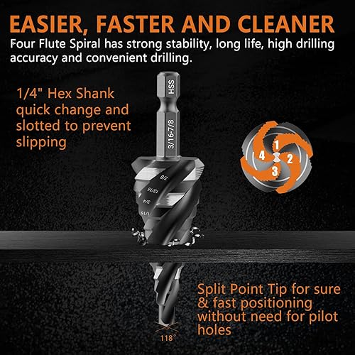 MABLEVI 5 Pcs Four Spiral Flute Step Drill Bit Set, 1/8'-1-3/8' HSS Unibit Step Drill Bit, 1/4' and 3/8' Shank Step Bit for Metal, Stainless Steel, Aluminum, Wood, Plastic - Poueer