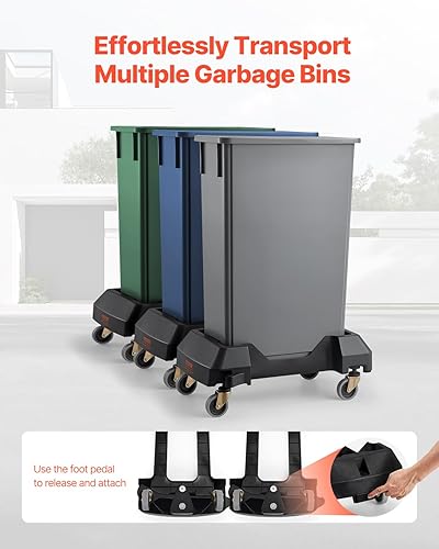 VEVOR Trash Can Dolly, Fit 16/23 Gallon Containers, Slim Trash Can Roller Base with 4 Swivel Wheels, 200lbs Weight Capacity, Smooth & Quiet Rolling Plastic Bin Dolly - Poueer