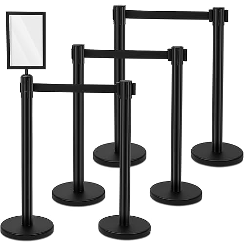 Geelin 6 Pack 9.8 ft Heavy Duty Crowd Control Stanchions Stainless Steel Stanchion Set with 6 Safety Barrier Post with Retractable Belt and 1 Sign Holder Crowd Control Barrier (Black) - Poueer