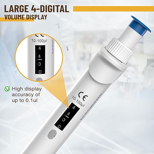 4E's USA Pipette with 200µL Tips 96 Pieces Racked, 10-100µL ISO Calibrated Adjustable Single Channel Pipettes - Poueer