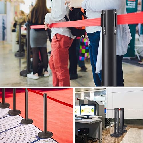 Yaheetech 4-Pack Stanchion Post Rope Barriers - Heavy Duty Black Crowd Control Stanchions 36-Inch Height with 6.5 Feet Red Retractable Belt Easy Connect Assembly - Poueer