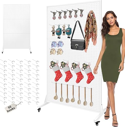 Royxen Metal Pegboard 3.5 x 6 Feet with 50 Hooks, Peg Board Display Stand with Wheels, Standing Pegboard Display, White - Poueer