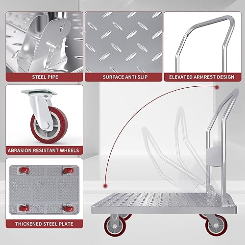 Steel Panel Heavy Platform Truck Dolly Cart with 1900 lbs Capacity, Industrial Platform Truck Cart 35.4×23.6×37Inches Steel Board(Silver Gray-Red Wheel) - Poueer