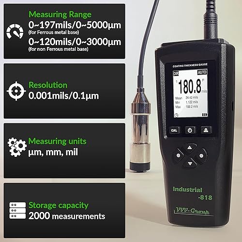 Digital Professional Coating Thickness Gauge Industrial-818 Paint Meter for Fe/NFe with Measuring Range: 0-197 mils | Resolution 0,001 mils - Poueer