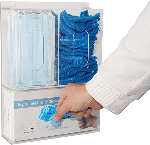 Triple Sanitation Station with Lid - Tabletop or Wall Mounted Acrylic Masks and Gloves Holder Dispenser Hairnet Dispenser with 3 Compartments - Glove Box Holder, Clear - Poueer
