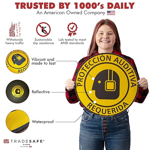 TRADESAFE Safety Glasses Required Anti-Slip Floor Sticker - Eye Protection Required Caution Sign, Peel and Stick Adhesive Vinyl Sign, ANSI-Compliant, 17” Diameter Round Sticker - Poueer