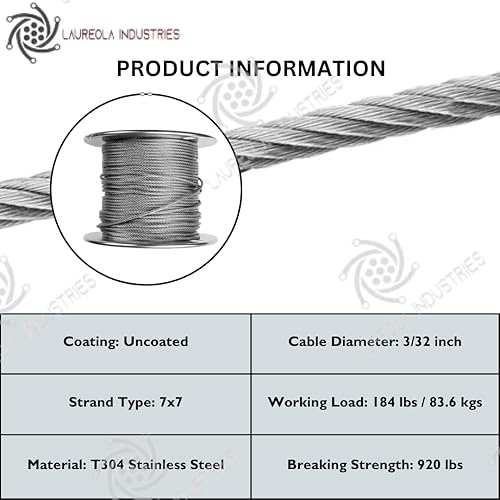 Laureola 3/32' Stainless Steel Aircraft Wire Rope 7x7 Strand 304 Grade - Versatile Uses in Construction, DIY, Outdoors, Marine Rigging, Agriculture, and Industrial Applications (250 ft) - Poueer