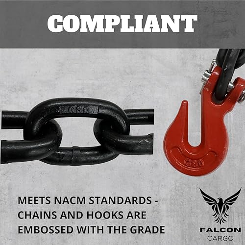 4-Pack Falcon Cargo 1/4' X 20' Grade 80 Transport Binder Chain - 3,500 LBS WLL - Clevis Grab Hook, Tie-Down, Towing - Poueer