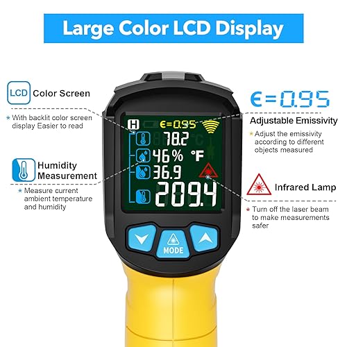 Infrared Thermometer Gun, TEMIRUP Non Contact Digital Laser Temperature Gun with K-Probe for Industrial, Cooking, Griddle,Engine, HVAC, Humidity,Adjustable Emissivity -58°F to 1472°F(-50~800°C) - Poueer