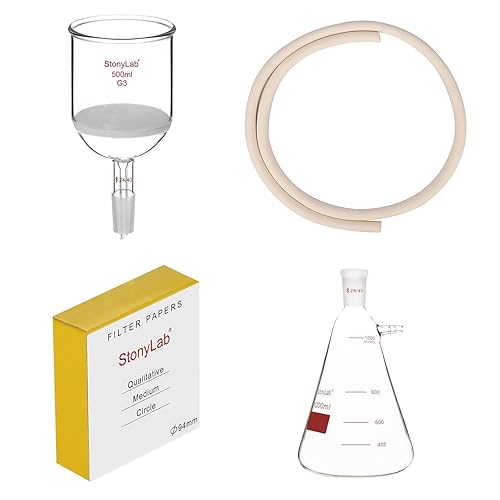 stonylab Buchner Funnel, Filter, Paper, and Kit Bundle, Borosilicate Glass Buchner Filtration Funnel and Filtering Flask with 24/40 Joint and Qualitative Filter Paper Circles and Vacuum Rubber Tubing - Poueer