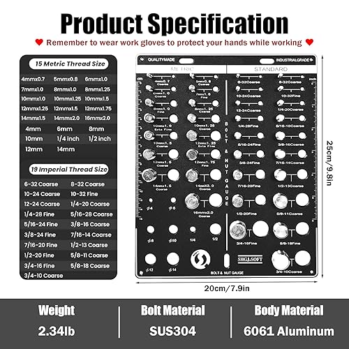 Thread Checker, 42 Nut and Bolt Identifier Gauge, Bolt Size and Thread Gauge, Thread Pitch Gauge, 19 Standard and 15 Metric Sizes Bolt Identifier Board with 8 Drill Bit Gauge (Red) - Poueer