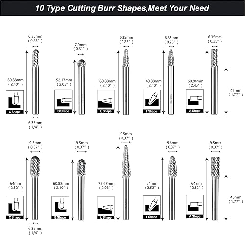 Carbide Burr Set 10pcs Die Grinder Bits 1/4'(6.35MM) Shank Double Cut Tungsten Carbide Rotary Burr Compatiable with Most Rotary Tools for Die Grinder Steel Welds Wood Carving Cutting Polishing - Poueer