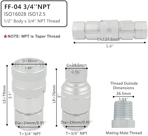 1/2'' NPT Flat Face Hydraulic Quick Connect Coupling Set Skid Steer Loader Quick Disconnect Coupler with Dust Caps ISO12.5 - Poueer