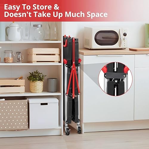 Foldable Utility Carts, 3-Tier Service Cart with Lockable Universal Wheels, Holds Folding Rolling Cart with Fixed Rope for Home, Office Garage and Warehouse No Assembly Require - Poueer