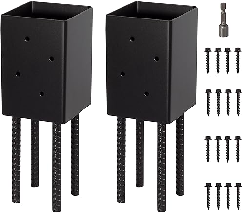 4x4 Post Base Holder Ground Spike Use for Concrete Deck - Post Anchor Brackets Metal Black Powder Coated 4 Inches x 4 Inches (Inner Dia 3.5x3.5) 4 Pack - Poueer