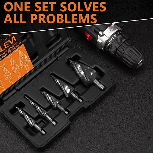 MABLEVI 5 Pcs Four Spiral Flute Step Drill Bit Set, 1/8'-1-3/8' HSS Unibit Step Drill Bit, 1/4' and 3/8' Shank Step Bit for Metal, Stainless Steel, Aluminum, Wood, Plastic - Poueer
