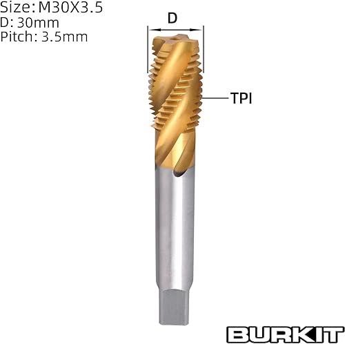 Burkit M30 X 3.5 Spiral Flute Tap, HSS Titanium Coated Spiral Flute Plug Threading Tap M30 x 3.5 - Poueer