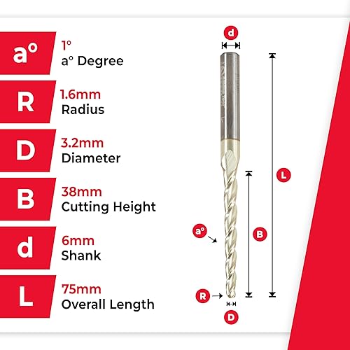 Amana Tool CNC 2D 3D Carving Angle Ball Tip Router Bit, ZrN Coated, 46474, 1 Degree Metric, 3.2 Dia x 1.6 Rad x 38 CH x 6 Shk x 75mm Long x 3 Flute - Poueer