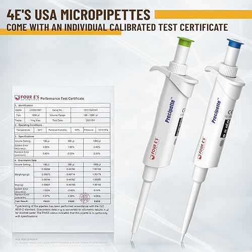 4E's USA Pipette with 200µL Tips 96 Pieces Racked, 10-100µL ISO Calibrated Adjustable Single Channel Pipettes - Poueer
