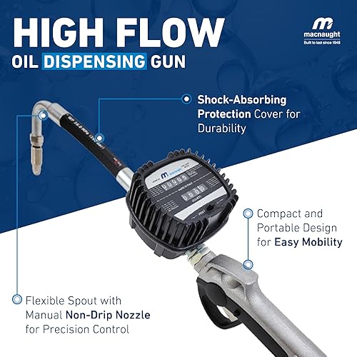 Macnaught Pneumatic Oil Gun with Oil Control Valve Meter Nozzle and 1/2' inch NPT Inlet, Mechanical Engine, Lube, Gear and Motor Oil Dispenser Registers in Quarts and Totals in Gallons - Poueer