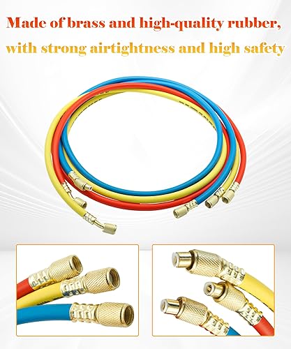 New Upgrade 29985 Plus II Manifold Hose Set,72' Standard 1/4' FL to 1/4' Low Loss Hvac Hoses Compatible with R410A and All Common Refrigerants-800 PSI Working Pressure(3 Pack) - Poueer