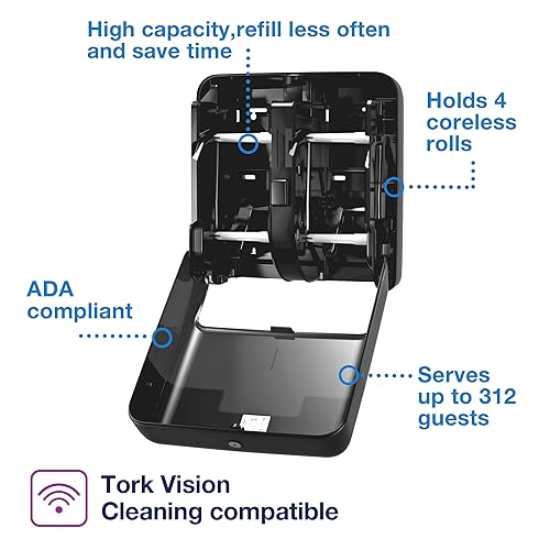 Tork OptiServe 4-Roll Coreless Toilet Paper Dispenser Black T7/T5, Vertical Dispenser, Elevation Design, 473628 - Poueer