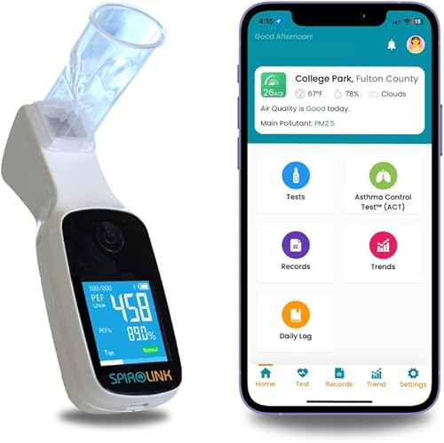CMI Health SpiroLink | Smart Peak Flow Meter | Portable Pulmonary Function Test, Pocket Spirometer | Long Lifespan, Durable | for Asthma, COPD, Musicians, Smokers, Athletes, and More - Poueer