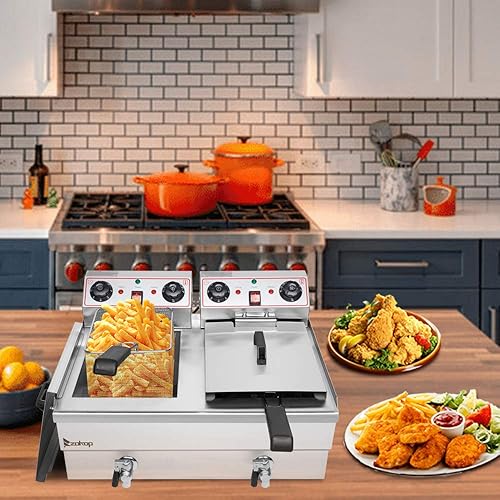 1700W Commercial Stainless Steel Deep Fryer 12.5QT with Oil Drain Faucet, 60-Min Timer & Thermostat Control - 8L Large Capacity for Restaurants/Home Use - Poueer