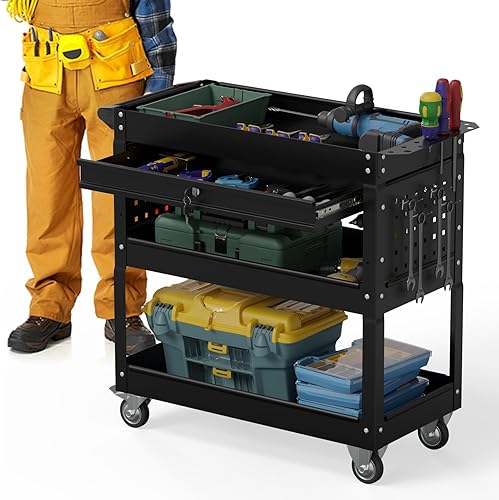 3 Tier Foldable Service Cart with Wheels, Rolling Collapsible Folding Utility Cart for Home, Office, Garage, and Warehouse (Red) - Poueer