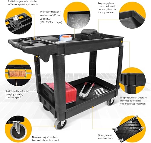 MaxWorks 80855 500-lb Utility Service PP Cart With Two Trays and Wheels 30 Inch X 16 Inch Overall Dimensions - Poueer
