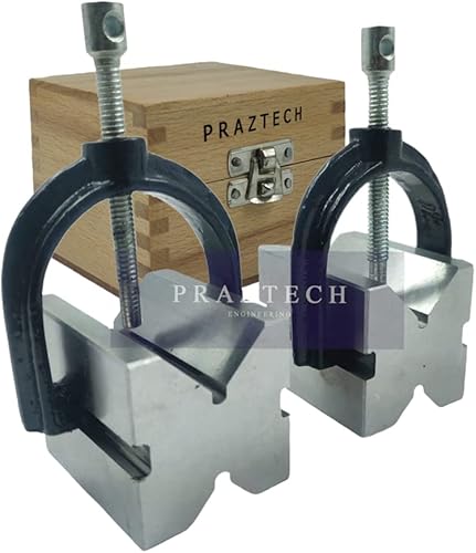 PRAZTECH® Precision Engineers VEE Blocks CLAMP Set - V Block Matched Pair, 40mm x 32mm x 32mm, Clamping capacity: 1' (25mm) in Wooden Box - Poueer