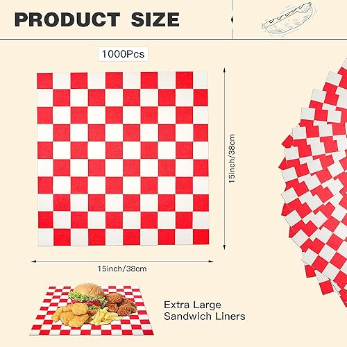 Colarr 1000 Pcs Waxed Paper Sheets Bulk 15 x 15 Inch Large Sandwich Wrapping Papers Checkered Deli Food Basket Liners for Burgers Bread Restaurant Barbecue Picnic(Red) - Poueer