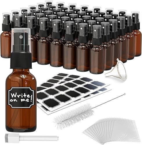 Nevlers 48 Pack Blue 1 Oz Glass Spray Bottle | The Blue Misting Glass Bottles Includes Sprayers, a Funnel & Brush with Bonus Labels to Easily Identify its Contents - Poueer
