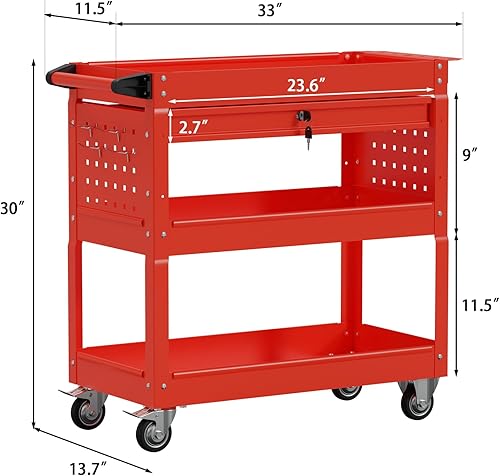 3 Tier Foldable Service Cart with Wheels, Rolling Collapsible Folding Utility Cart for Home, Office, Garage, and Warehouse (Red) - Poueer