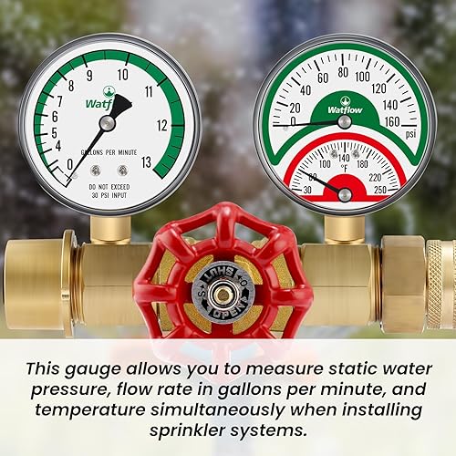 Watflow Water Flow Gauge, Temperature and Pressure Test Assembly, 0-160psi,0-13 GPM, 3/4' Female Hose Thread. - Poueer
