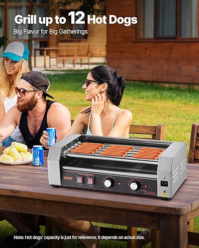 VEVOR Hot Dog Roller, 30 Hot Dog 11 Rollers, Stainless Steel Sausage Grill Cooker, 1600W Commercial Hot Dog Machine with Dual Temp Control, Cover, Side Storage Box, Removable Shelf & Oil Drip Tray - Poueer