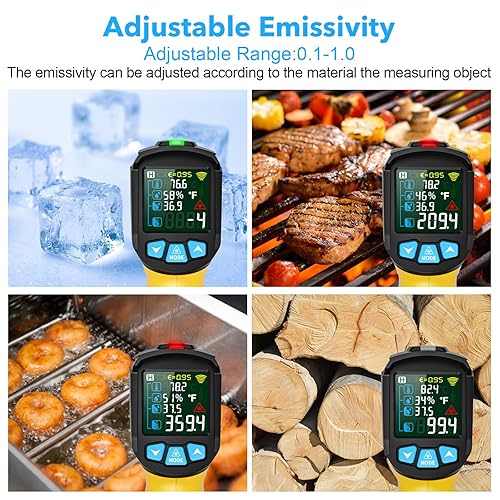 Infrared Thermometer Gun, TEMIRUP Non Contact Digital Laser Temperature Gun with K-Probe for Industrial, Cooking, Griddle,Engine, HVAC, Humidity,Adjustable Emissivity -58°F to 1472°F(-50~800°C) - Poueer