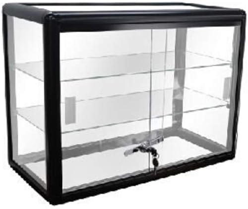 Black Aluminum Frame Tempered Glass Counter Top Display Showcase with Sliding Glass Door and Lock - Poueer