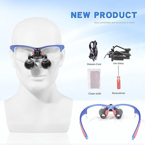 3.5x420 MM Angle Adjustable Binocular Loupes Magnifier Glasses Lab Magnification loupes with Black Cloth Case (Blue) - Poueer