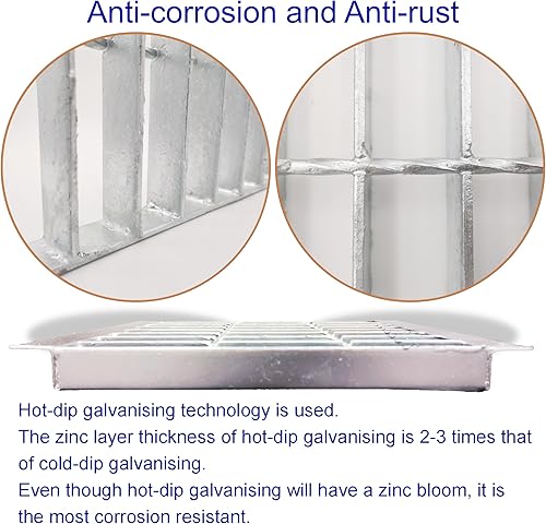 Galvanized Steel Drain Grate with Base, 16x16 Outdoor Drain Cover and Frame, B Class Sewer Grate with Lip, Durable Heavy Duty Channel Grate, Sliver Square Drainage Grate Driveway - Poueer